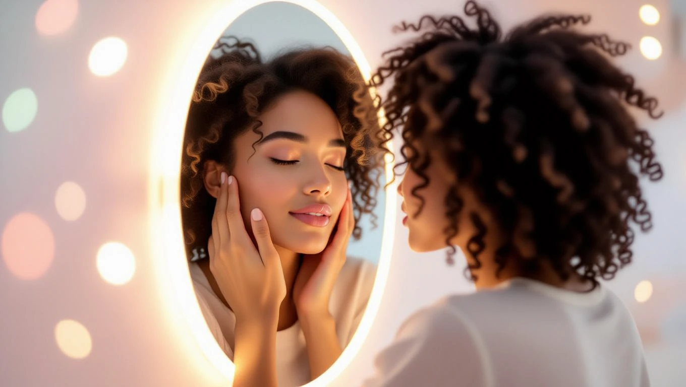 Az önszeretet gyakorlása - tippek, útmutató Egy fiatal nő néz a tükörbe, miközben az arcát simogatja, önszeretetet kifejezve.