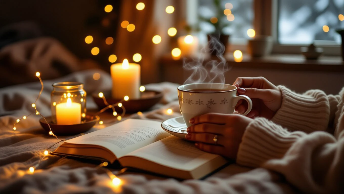 Az önszeretet gyakorlása - tippek, útmutató Egy kéz gőzölgő teáscsészét tart, mellette gyertyák és egy nyitott könyv.