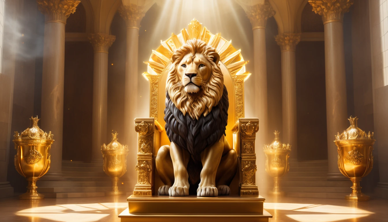 Az Oroszlán főnök: A ragyogó vezér, aki inspirál, vagy a hiú uralkodó? Egy arany trónon ülő oroszlán, amely a hatalom és a vezetés szimbóluma.