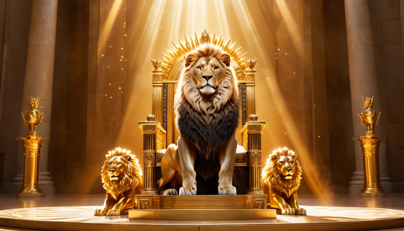 Az Oroszlán és a pénz: Nagylelkű mecénás vagy a luxus megszállottja? Egy arany trónon ülő oroszlán, mellette két arany oroszlánszobor, fényűző környezetben.