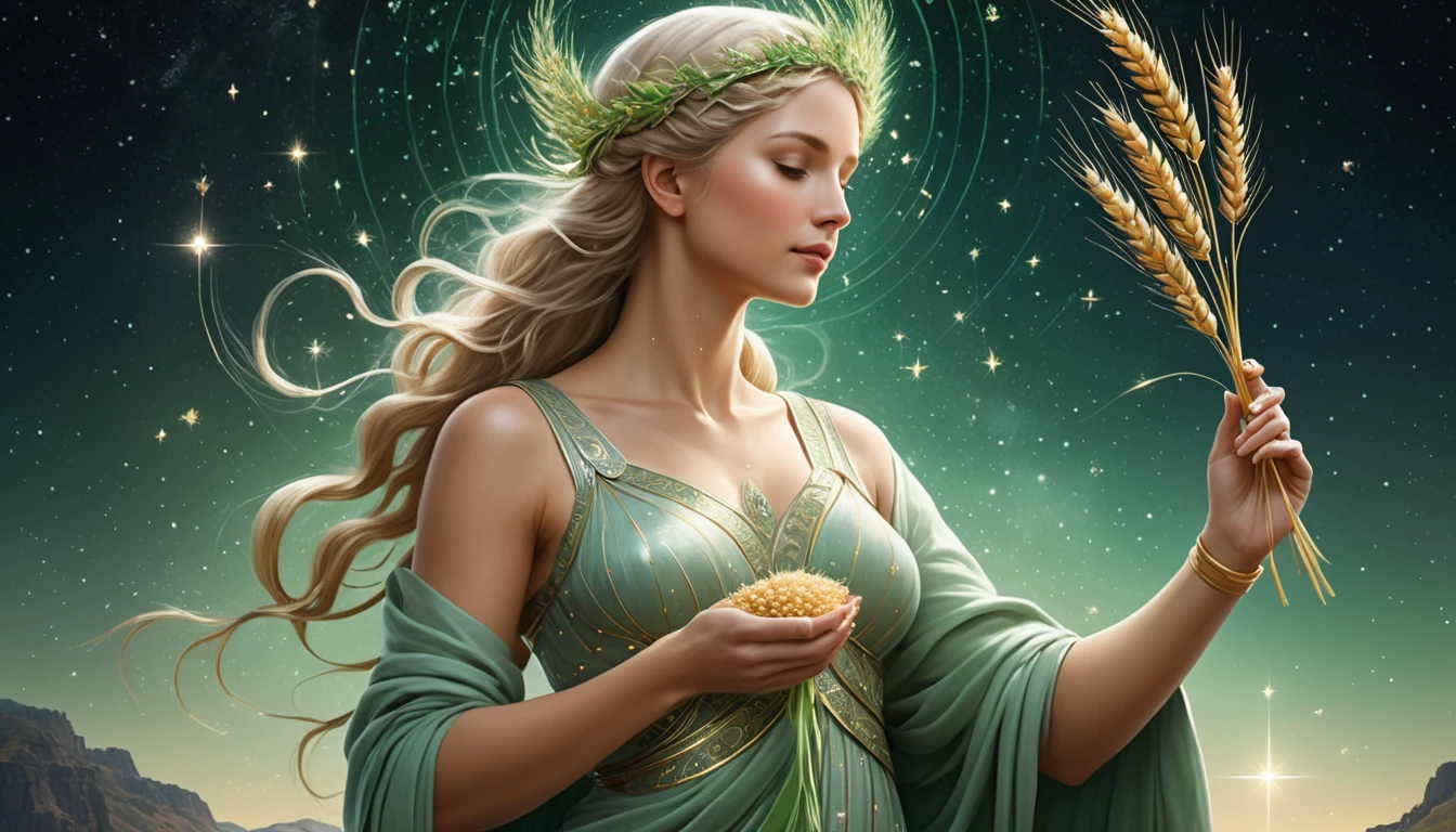 A precizitás mozgásban: A legjobb sportok a rendszerető Szűz számára. Egy női alak, aki búzát tart a kezében, a háttérben csillagokkal és zöld színnel.