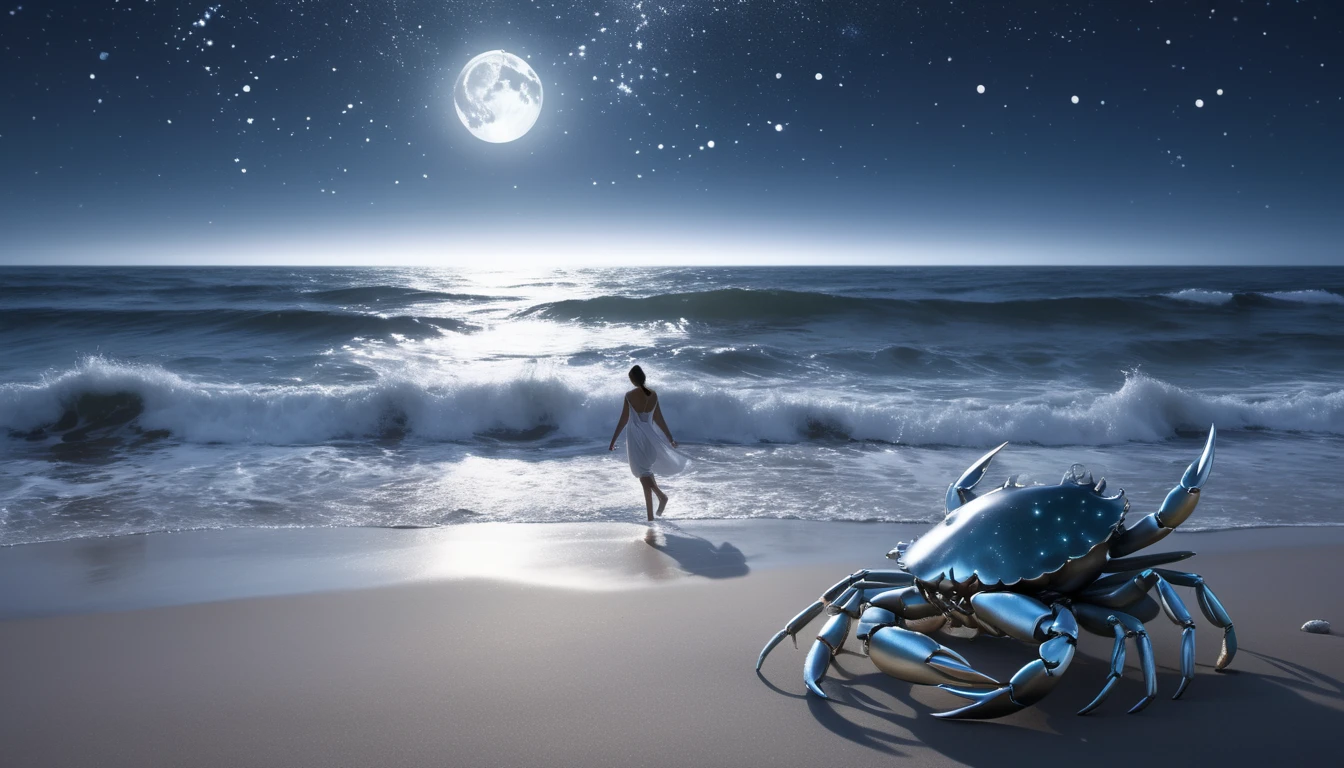 Egy nő sétál a tengerparton, míg egy csillogó rák figyeli a hullámokat.