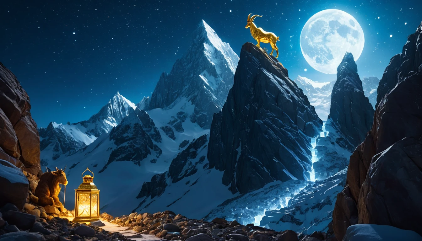 A ranglétra csúcsán: A 10 legjobb karrierút az ambiciózus Bak számára Egy aranyszínű kecske áll a hegycsúcson, a háttérben havas hegyek és telihold.