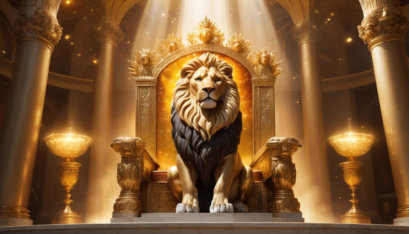 Rivaldafénybe született: A 10 legjobb karrierút a karizmatikus Oroszlán számára Egy aranyozott trónon ülő oroszlán szobra, fényekkel megvilágítva.