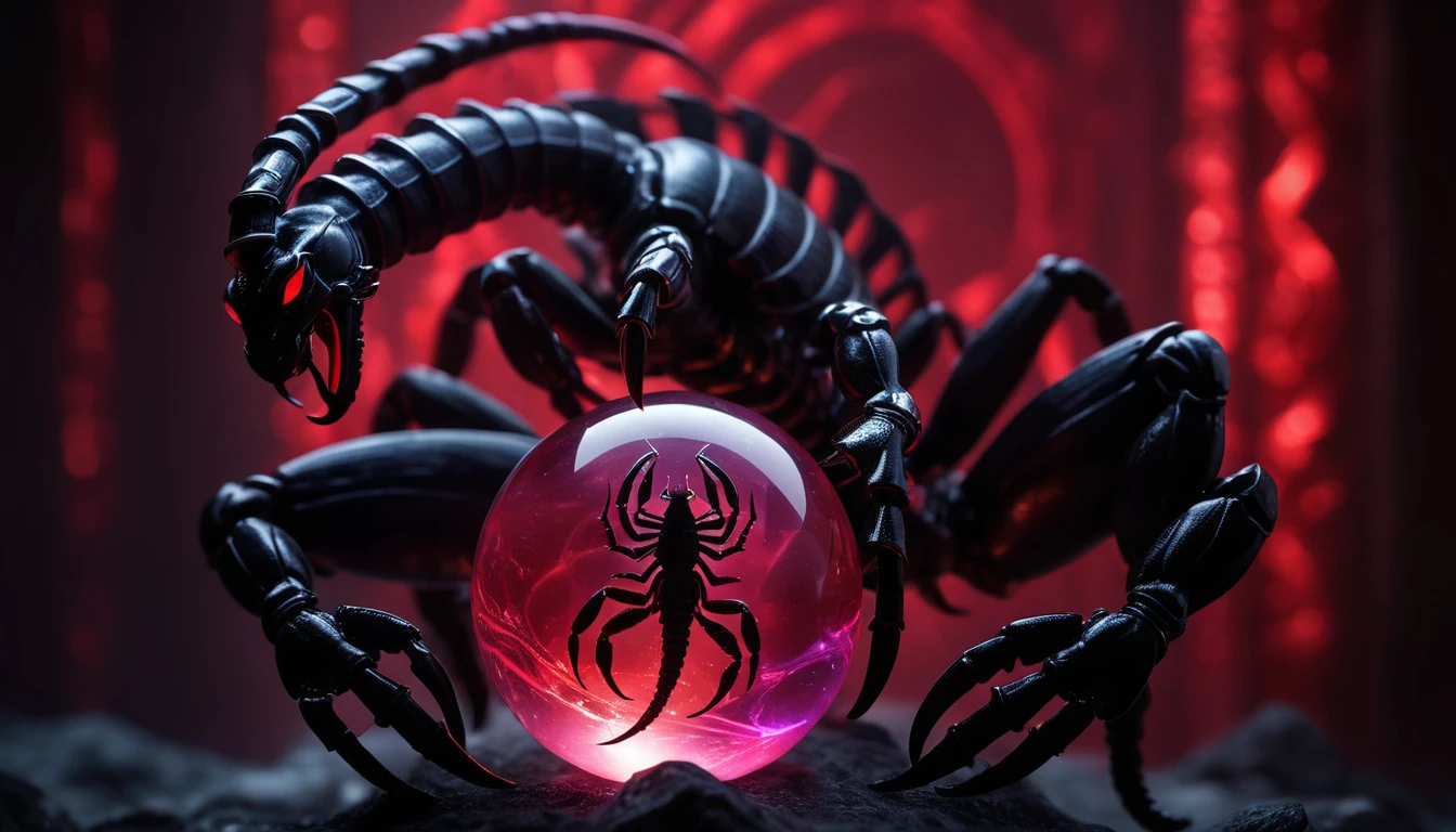 A Skorpió főnök: A briliáns stratéga vagy egy manipulatív irányító? Egy fekete skorpió, piros háttér előtt, kristálygömbbel a kezében.