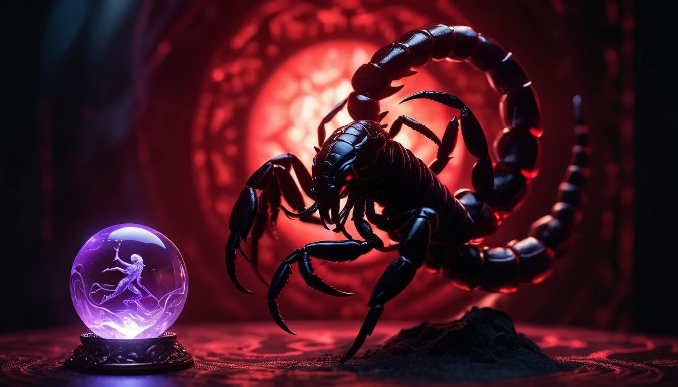 Egy fekete skorpió áll egy varázsgömb mellett, amelyben egy titokzatos figura látható.