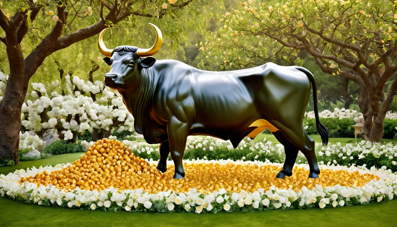 A stabilitás és a szépség mestere: A 10 legjobb karrierút a Bika számára Egy fekete bika áll arany tojásokkal borított dombon, virágok között.