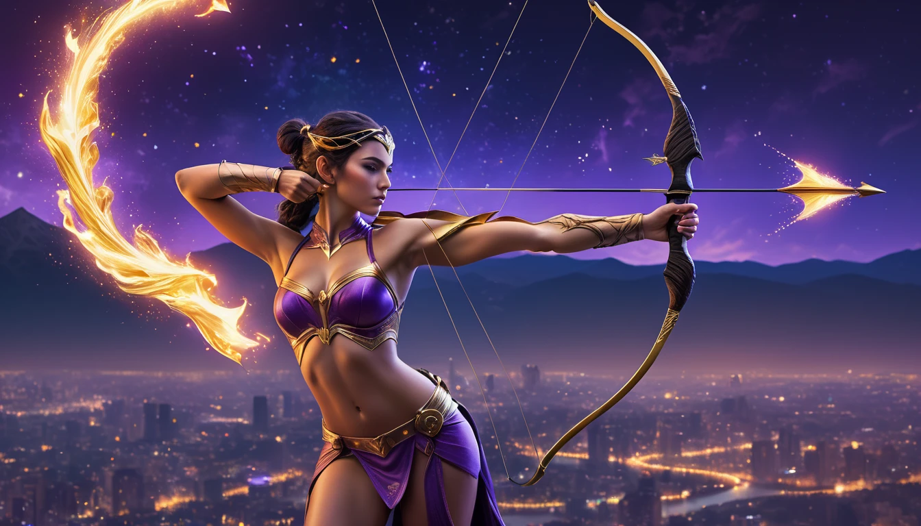 A szabadság és a kaland hírnöke: A 10 legjobb karrierút a Nyilas számára Egy nő íjászként, lángoló nyíllal, a város felett állva, a Nyilas szimbólumát megjelenítve.