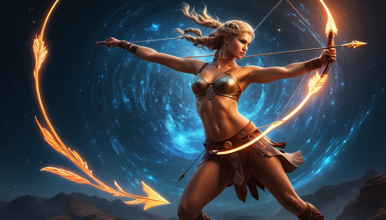 A szabadság mozgásban: A legjobb szabadtéri sportok a kalandvágyó Nyilasnak. Egy íjásznő, aki dinamikusan céloz, háttérben csillagokkal és galaxisokkal.