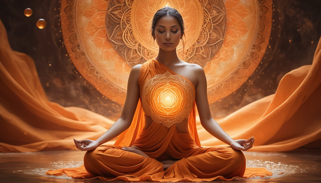 Egy nő meditál narancsszínű ruhában, a szakrális csakra szimbólumával a szívén.