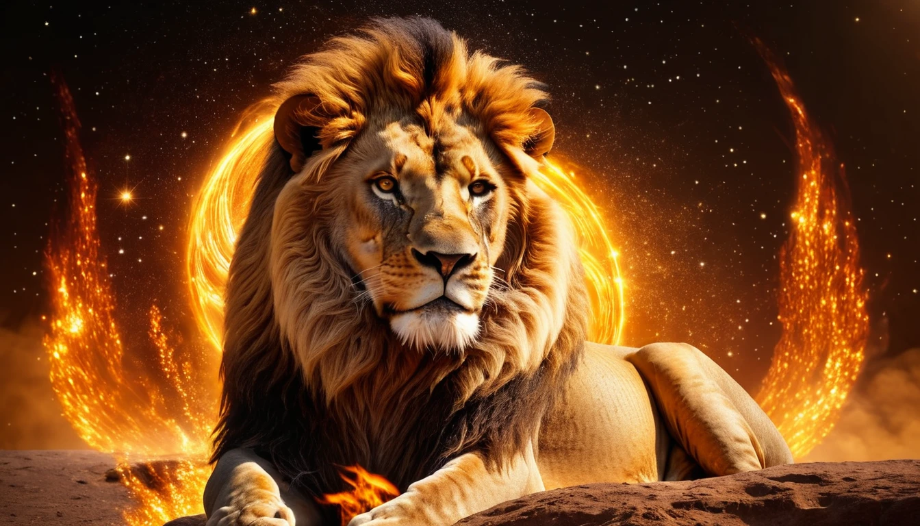 Szív- és hátproblémákra hajlamos? Az egészségügyi asztrológia az Oroszlán gyenge pontjairól. Egy oroszlán, amely a csillagok alatt fekszik, háttérben fénylő napkoronggal.