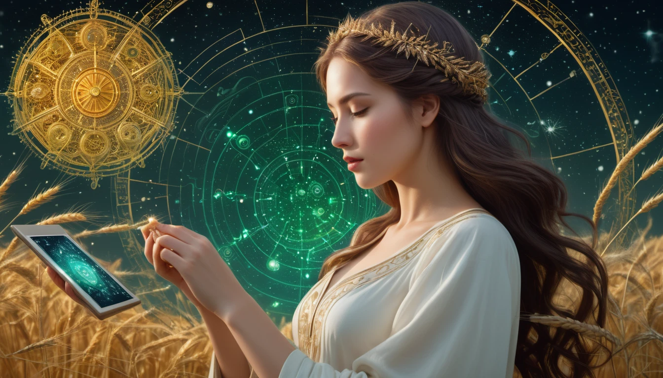 A Szűz főnök: Hatékony rendszerszervező vagy egy kritikus maximalista? Egy fiatal nő arca, aki egy táblagépet tart, háttérben csillagképek és búzatáblák.