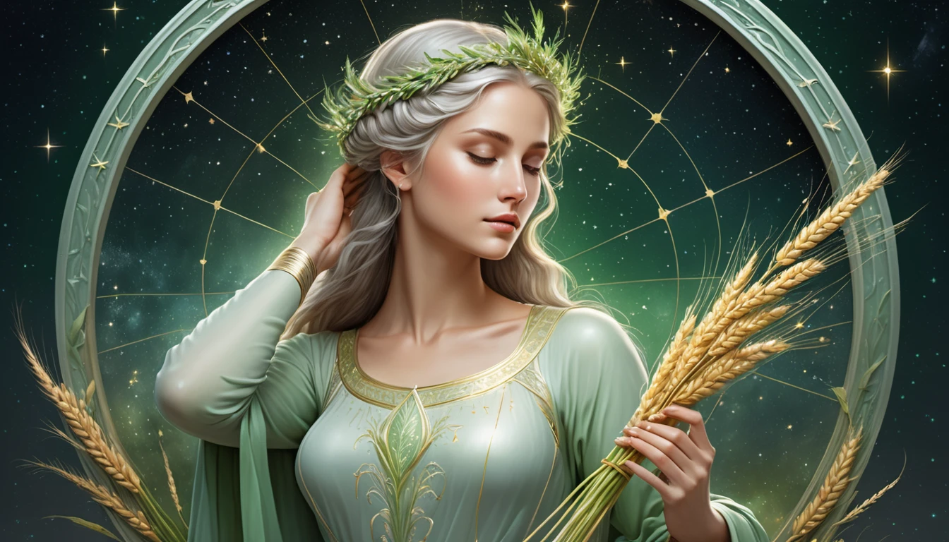 Tiszta és egyszerű: Milyen ételek segítik a Szűz emésztését és jó közérzetét? Egy nő, aki búzát tart a kezében, zöld ruhában, csillagokkal teli háttér előtt.