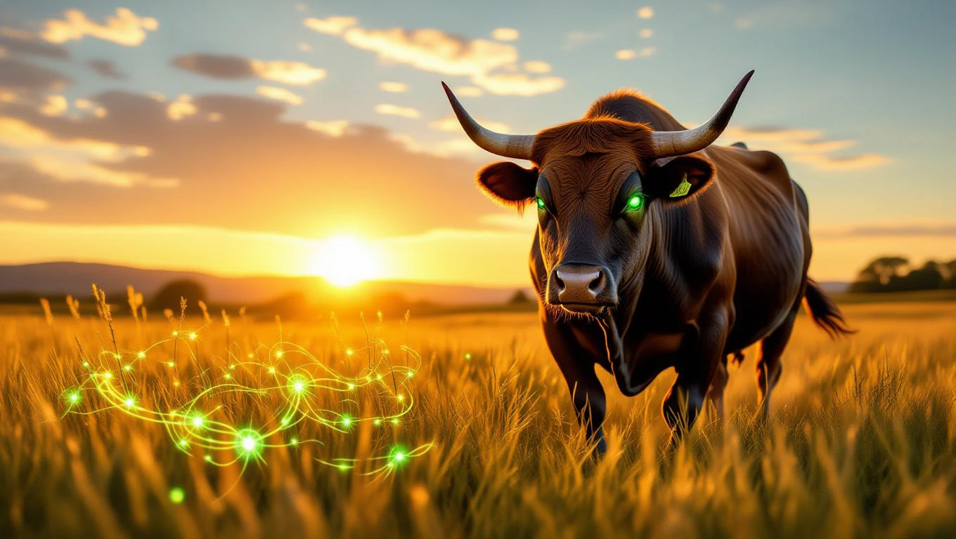 Egy Bika szimbolikus ábrázolása naplementében, zöld fényekkel.