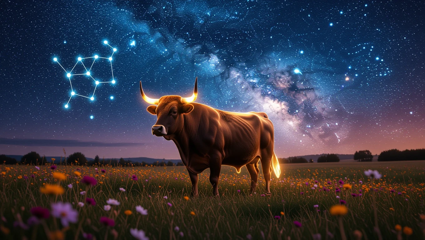Egy Bika csillagjegy szimbólumával díszített tehén áll egy virágos mezőn, csillagos éjszakában.