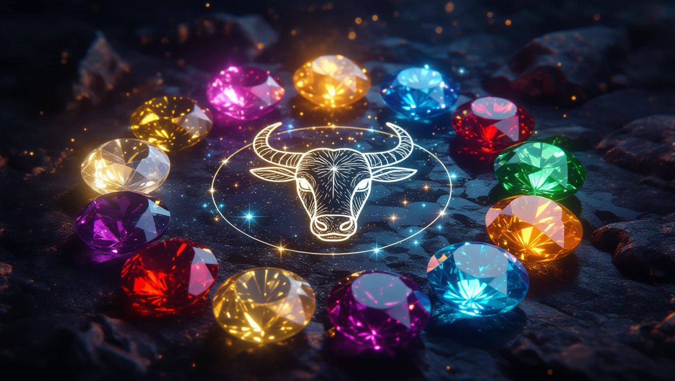 Színes drágakövek körül Bika csillagjegy szimbóluma ragyog.