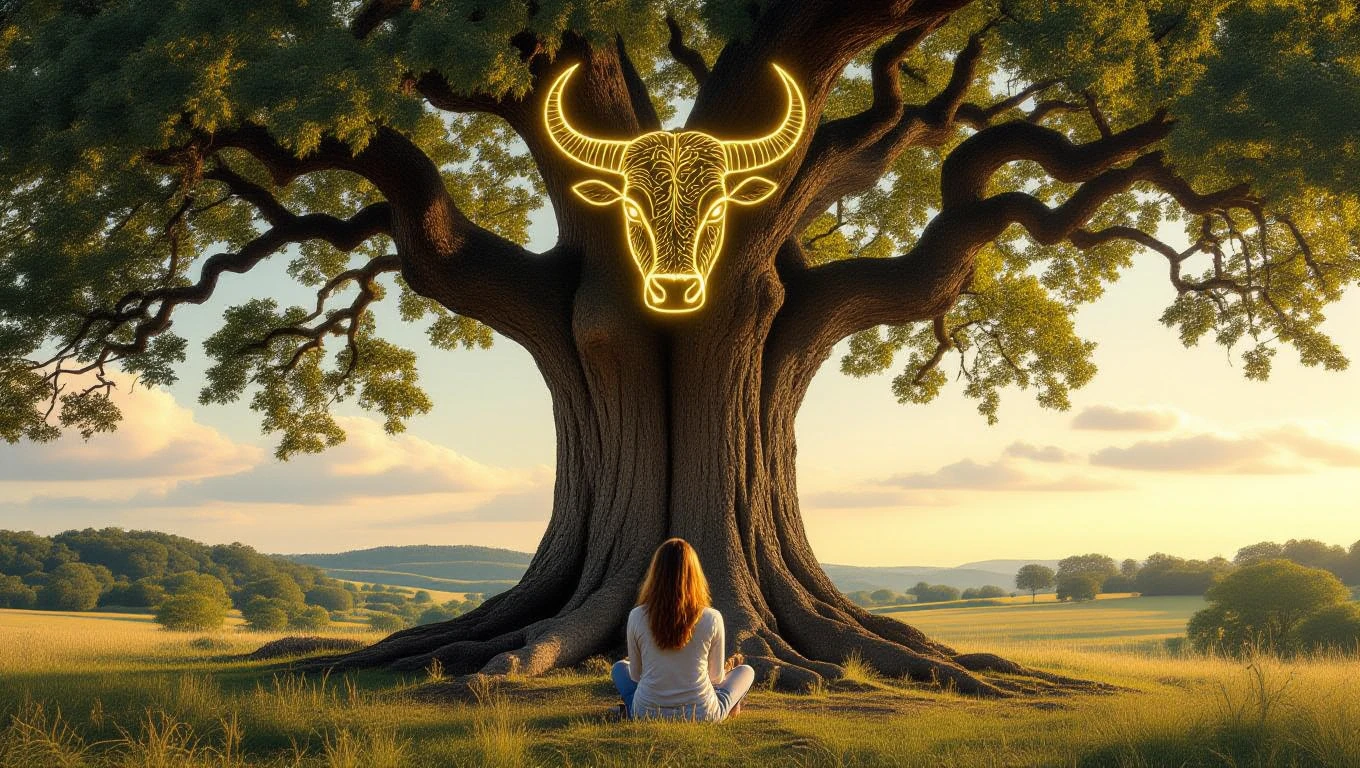 Egy nő meditál egy hatalmas fa alatt, amelynek törzsén Bika szimbólum látható.