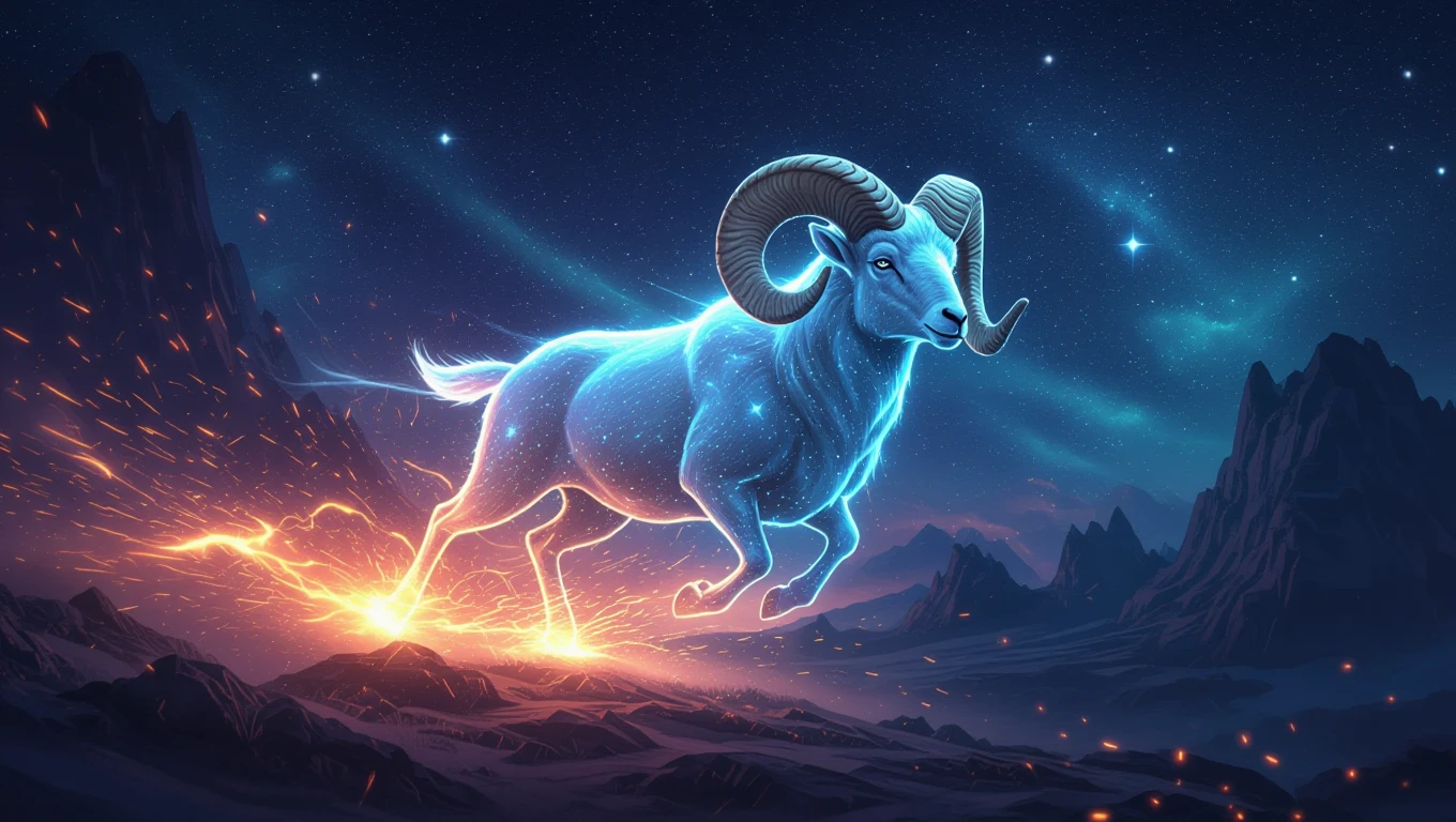 15 titok a Kos személyiségéről Egy fénylő Kos, csillagokkal teli háttér előtt, energikus mozdulatban.