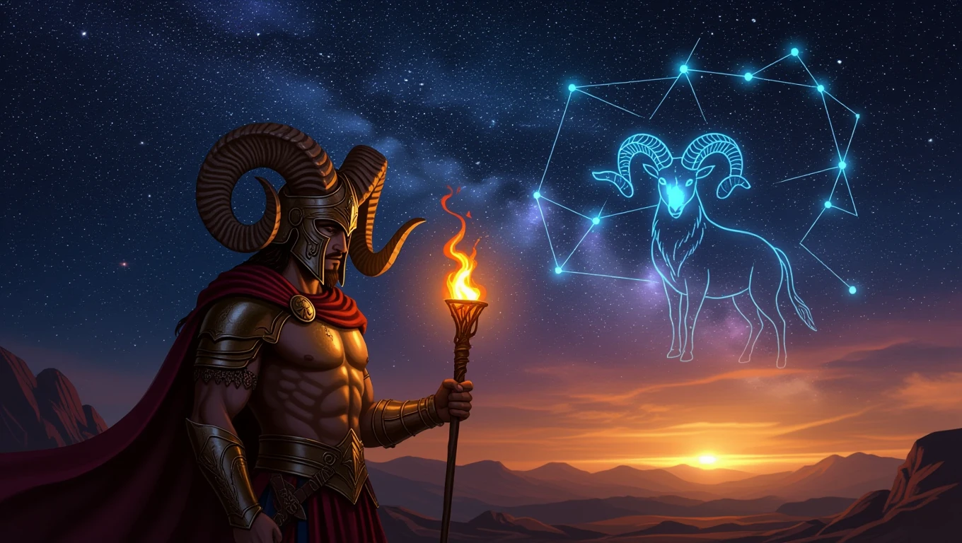 15 titok a Kos személyiségéről Egy harcos, lángoló fáklyával a kezében, a Kos csillagjegyét ábrázoló csillagképpel a háttérben.
