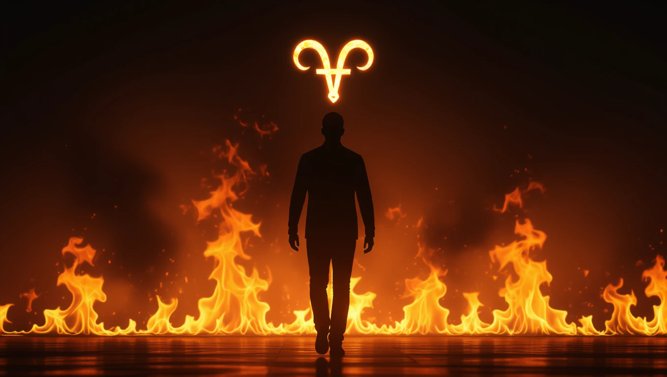 15 titok a Kos személyiségéről Egy sziluett áll a lángok előtt, felette a Kos csillagjegy szimbóluma látható.
