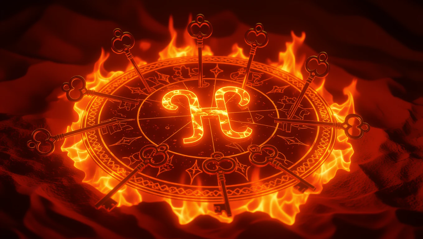 15 titok a Kos személyiségéről Egy tűzben égő horoszkóp kör, középen a Kos szimbólumával és kulcsokkal.