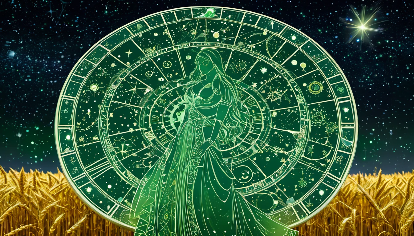 A tökéletesség szolgálatában: A 10 legjobb karrierút a precíz Szűz számára Egy zöld árnyalatú horoszkóp kör, középen a Szűz szimbólumával, csillagokkal és búzafölddel.