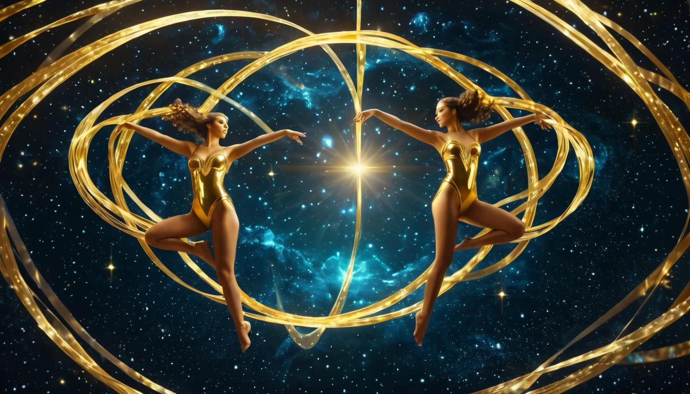Két női figura arany színű ruhában, csillagok között táncolva, energikus mozdulatokkal.