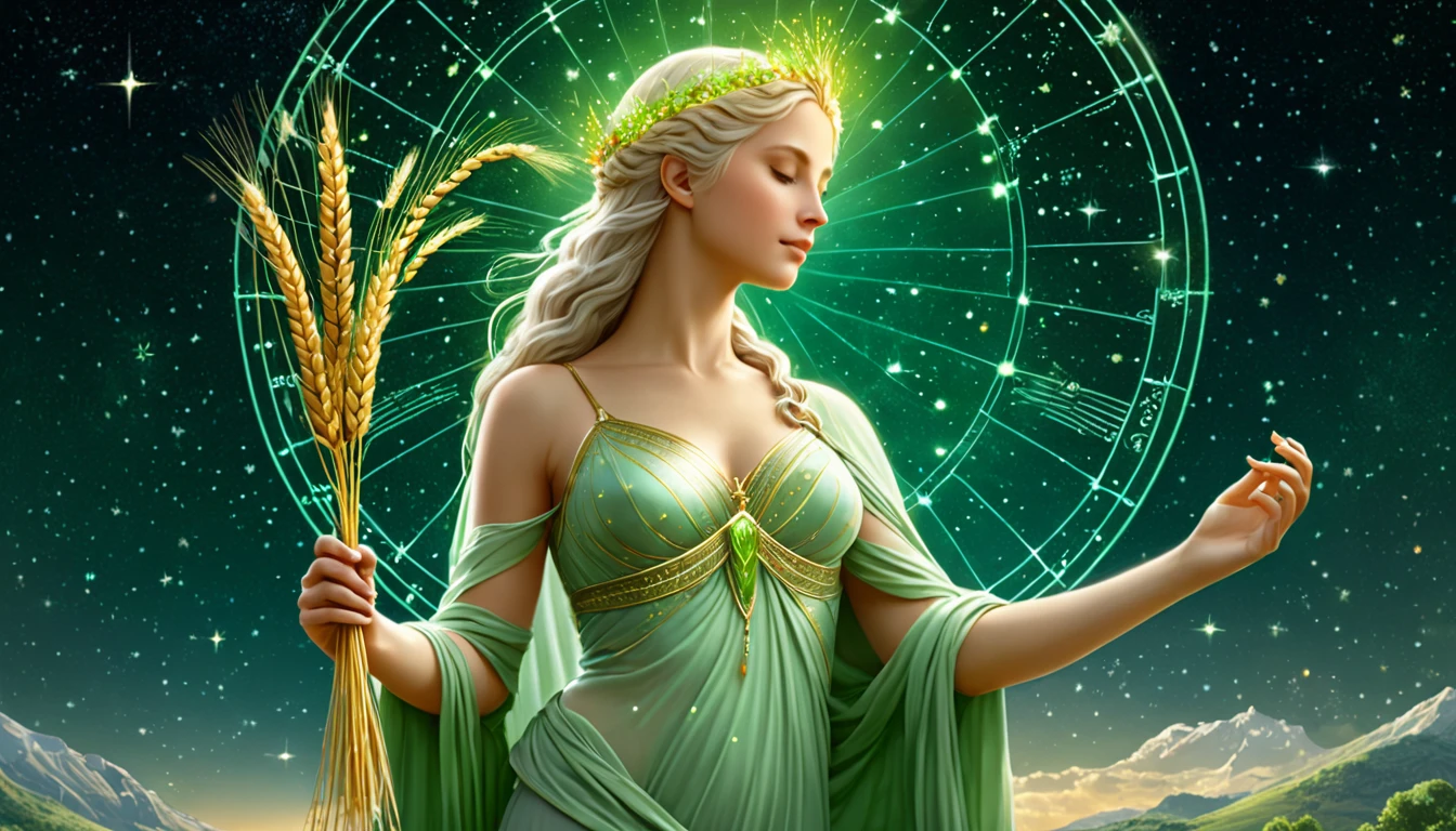 Túlgondolás és aggodalmak: Így kezeli a Szűz a mindennapi stresszt. Egy női alak, aki búzát tart a kezében, a csillagok és a horoszkóp mögött.