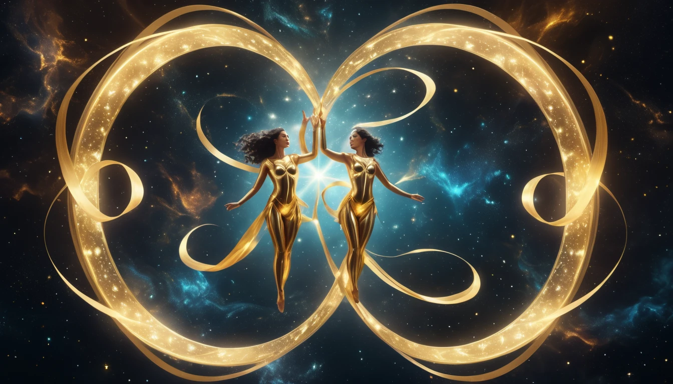 A változatosság gyönyörködtet: A legjobb mozgásformák a kíváncsi Ikrek számára. Két aranyszínű női figura táncol a csillagos háttér előtt, szimbolizálva az Ikrek dinamizmusát.