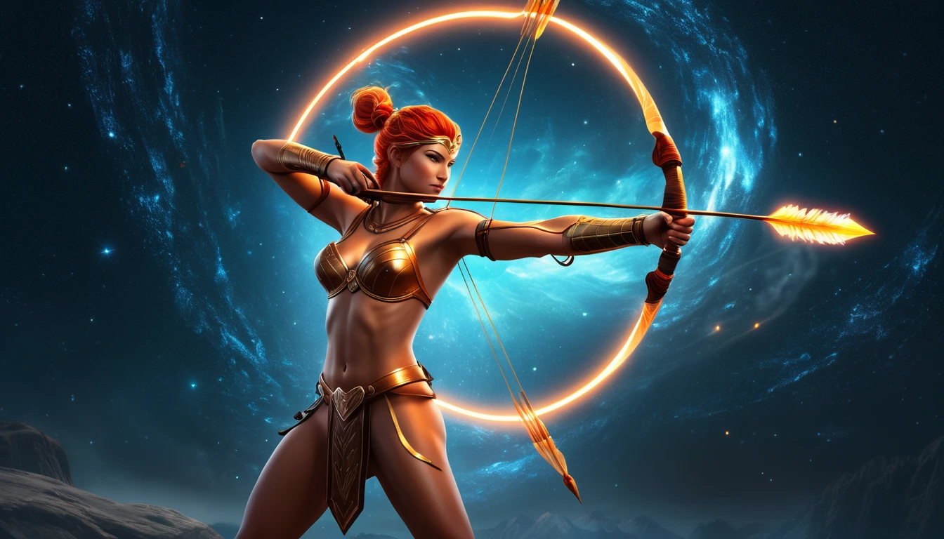 Egy harcos nő íjat feszít, háttérben csillagokkal és galaxisokkal.
