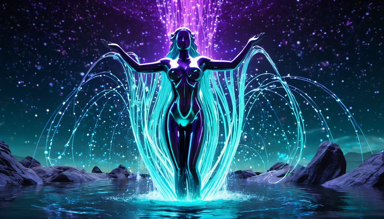 A Vízöntő főnök: A forradalmi újító vagy egy érzelmileg távolságtartó zseni? Egy futurisztikus női figura, aki vízsugarakat irányít, színes fényekkel körülvéve.