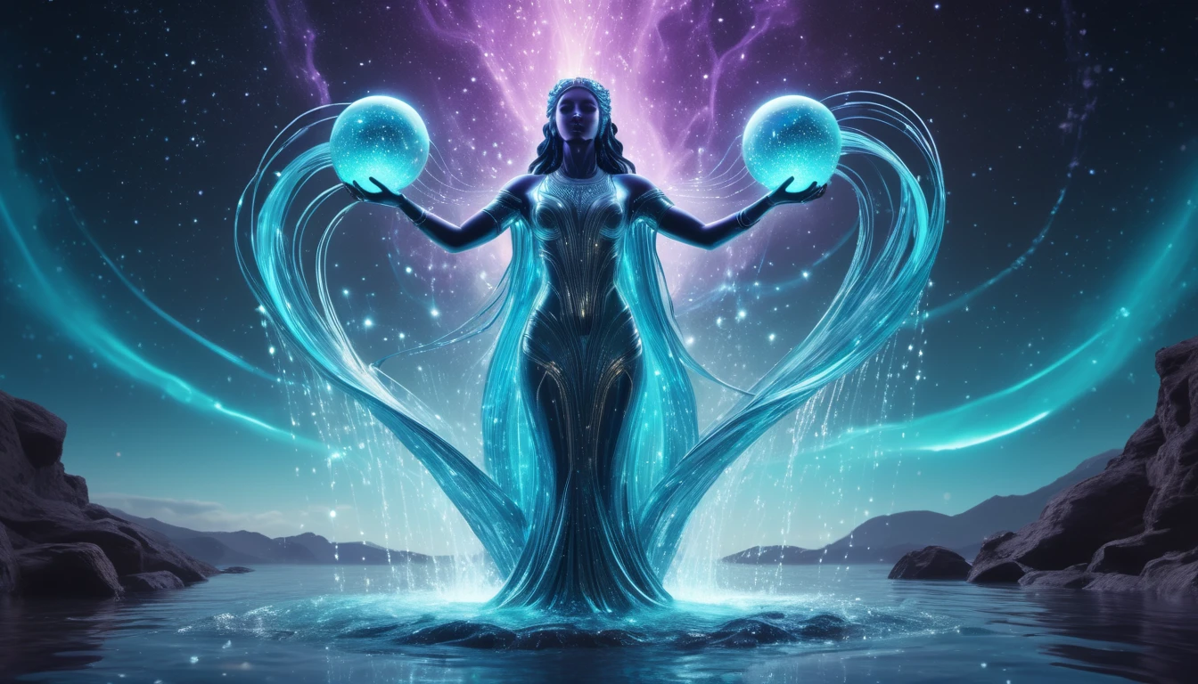 Egy női alak, aki két fénygömböt tart a kezében, vízben állva, csillagokkal teli háttér előtt.