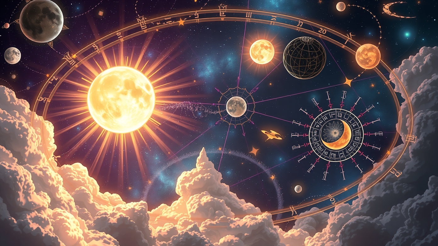 Astral scene depicting planets and celestial bodies with a Zodiac wheel
