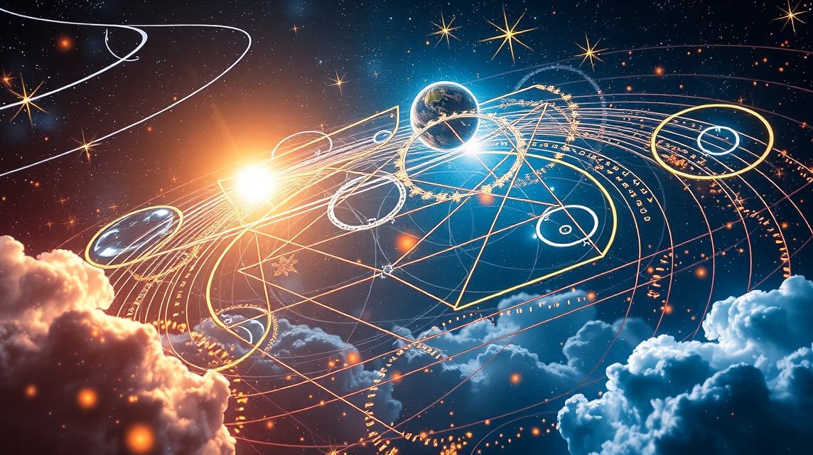 Asztrológiai ábra bolygókkal és csillagokkal az égen