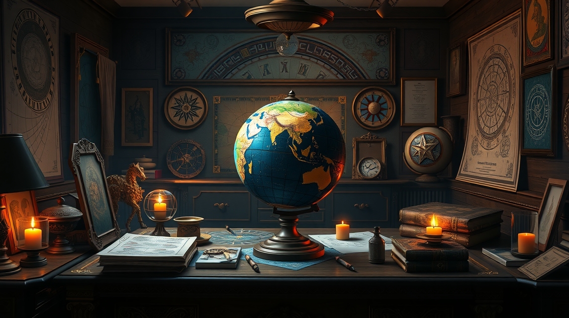 Csillagászati éggömb egy asztalon, a zodiákus térképekkel körbevéve.