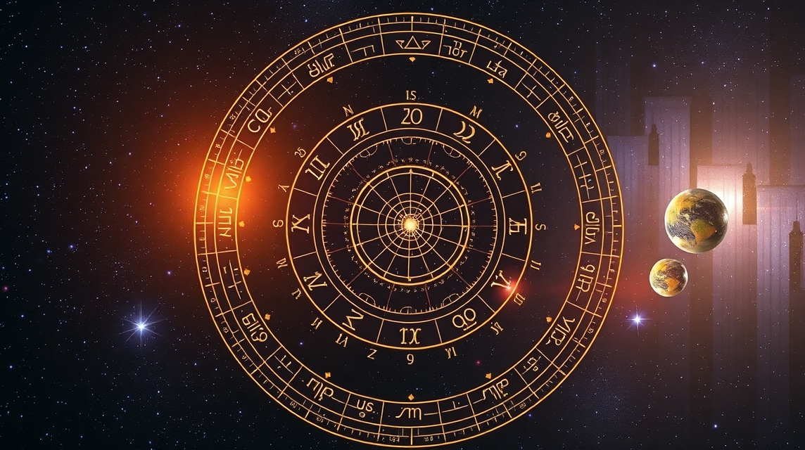 Asztrológiai diagram az égitestek és a házak eloszlásának szimbólumaival.