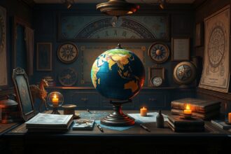 Csillagászati éggömb egy asztalon, a zodiákus térképekkel körbevéve.