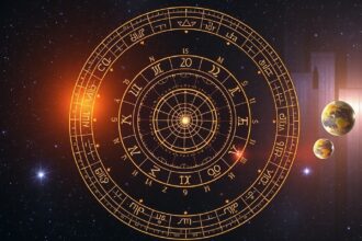 Asztrológiai diagram az égitestek és a házak eloszlásának szimbólumaival.