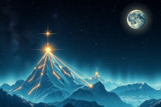 Csodás hegycsúcsok az éjszakai ég alatt, csillagokkal és telihanggal.