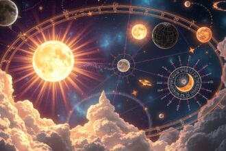 Astral scene depicting planets and celestial bodies with a Zodiac wheel