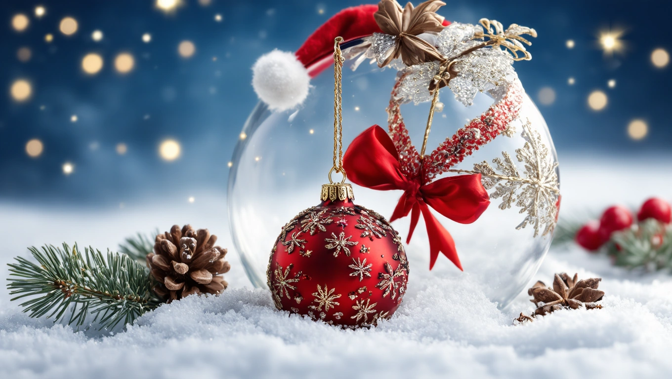 Karácsonyi díszek, piros gömb és átlátszó gömb hóban, fenyőágakkal.