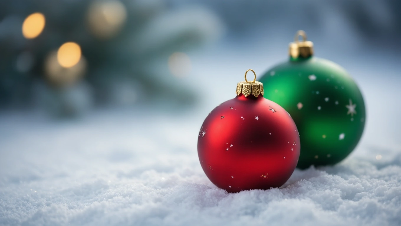 Hogyan ünneplik a karácsonyt az egyes csillagjegyek? Piros és zöld karácsonyi díszek hóban, ünnepi hangulatban.