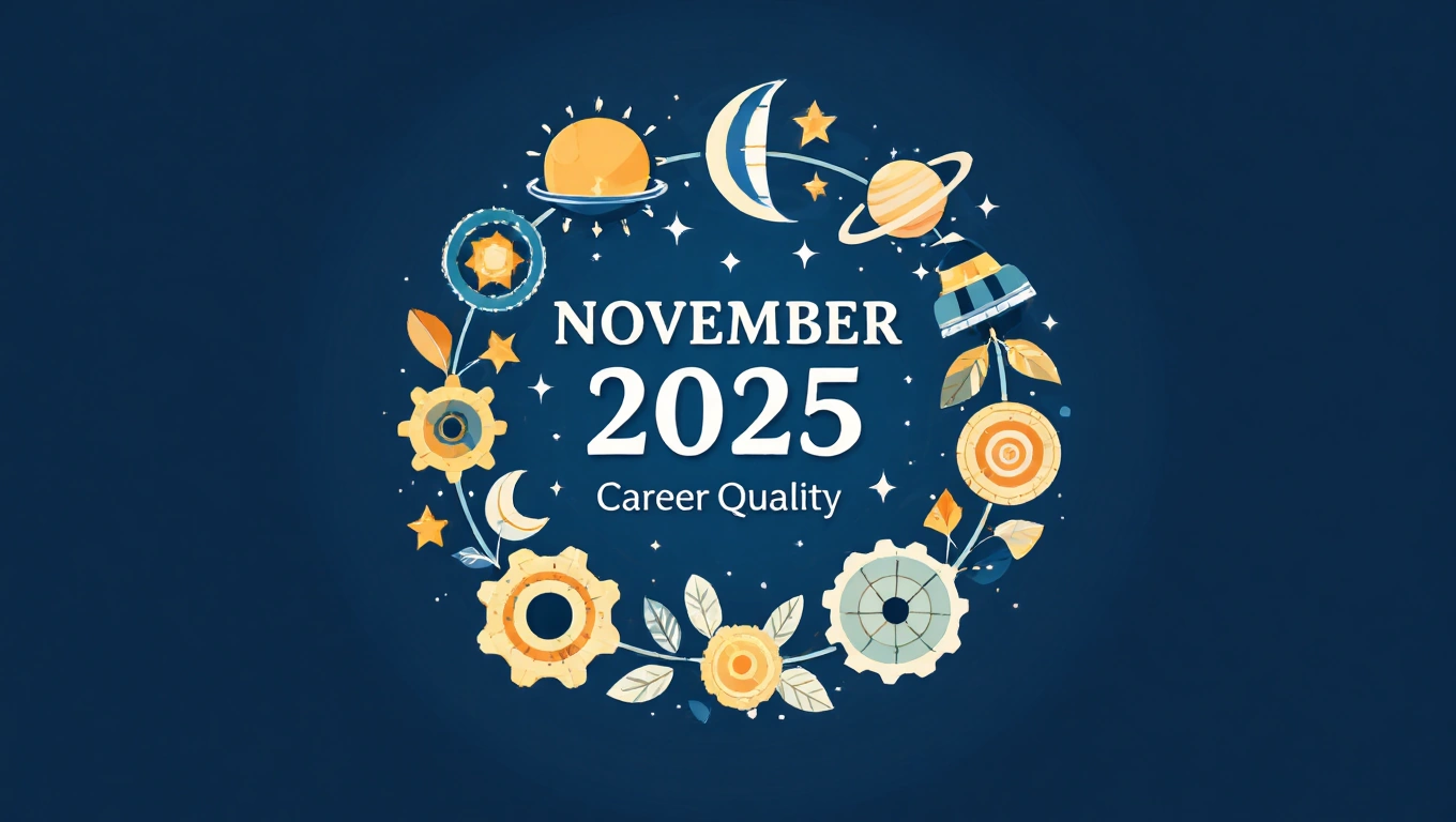 2025 Novemberi karrier horoszkóp A 2025 novemberi karrierel lehetőségeit bemutató grafika, bolygókkal és virágokkal díszítve.