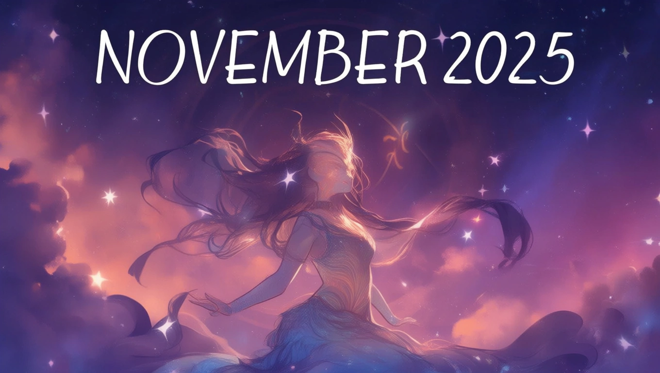 Egy női alak lebeg a csillagok között, november 2025 felirattal.