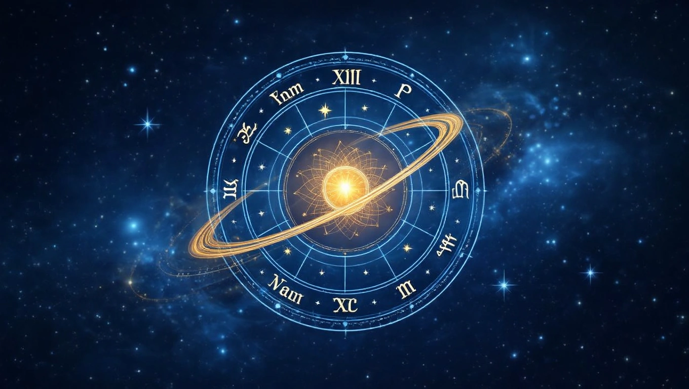 Asztrológiai kör, középen a nap, csillagokkal teli háttérrel.