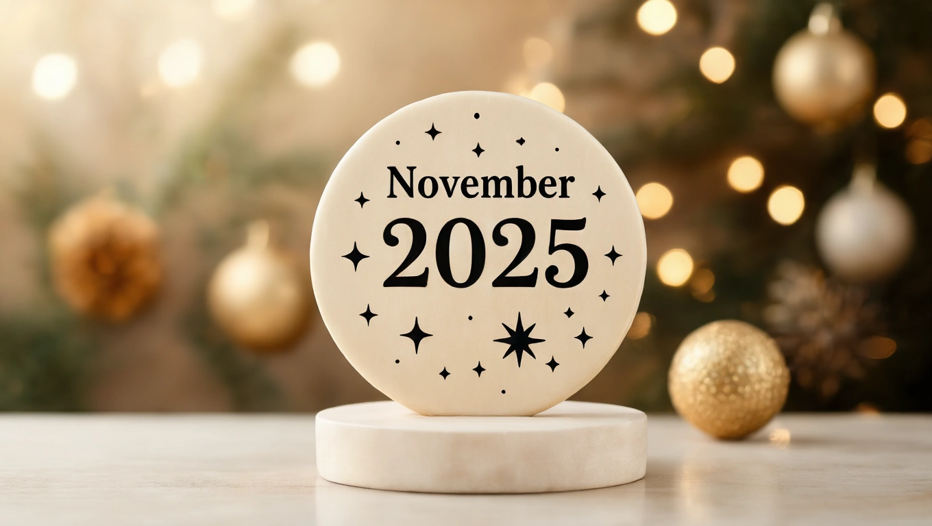 Egy fehér táblán a November 2025 felirat látható, csillagokkal díszítve.