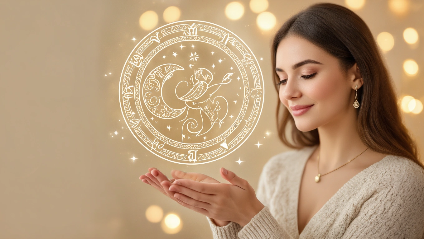 Egy fiatal nő mosolyogva tartja a tenyerében a csillagjegyek szimbólumait.