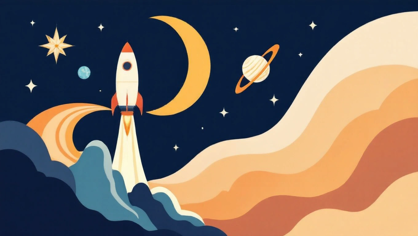 2025 Novemberi karrier horoszkóp Egy rakéta emelkedik az űrbe, körülötte csillagok és bolygók láthatók.