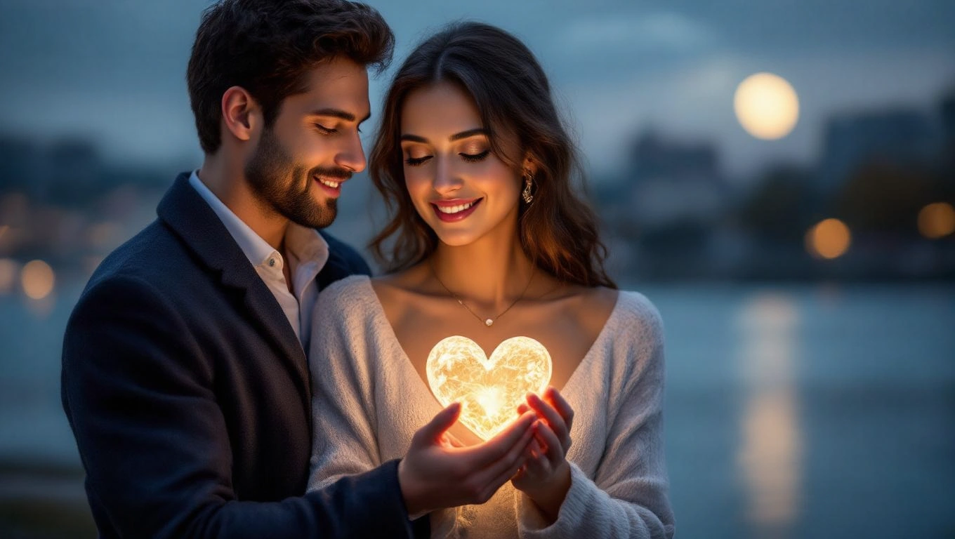 Egy pár romantikus pillanatot oszt meg, szív alakú fényforrással a kezükben.