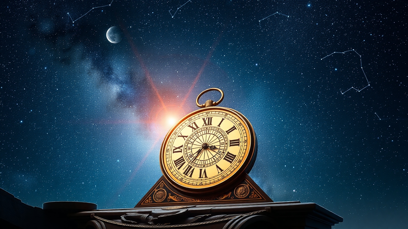 Egy aranyozott zsebóra áll a csillagos égbolt előtt, a Hold és csillagképek láthatók.